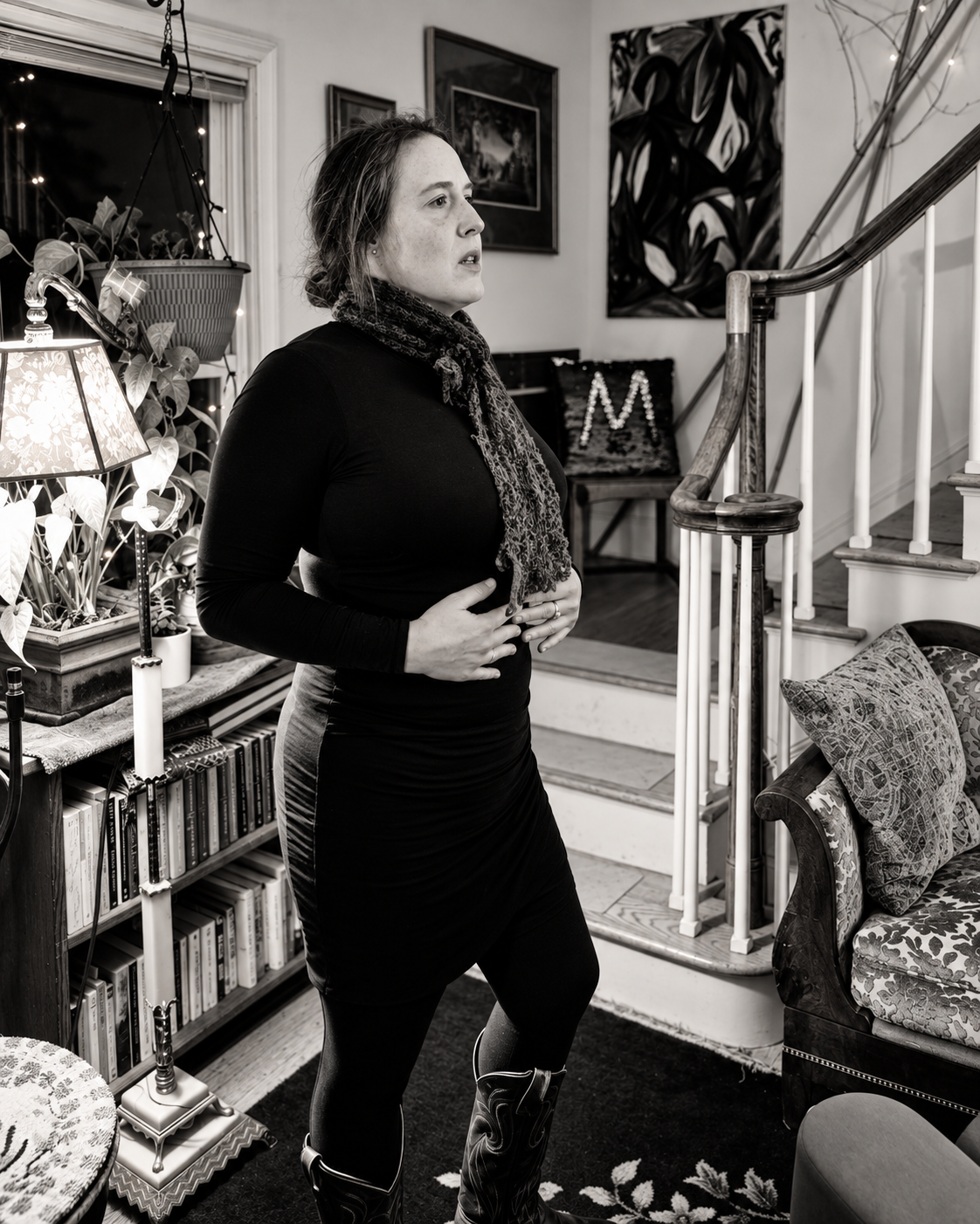 Black-and-white portrait of Meadow Jones at home.
