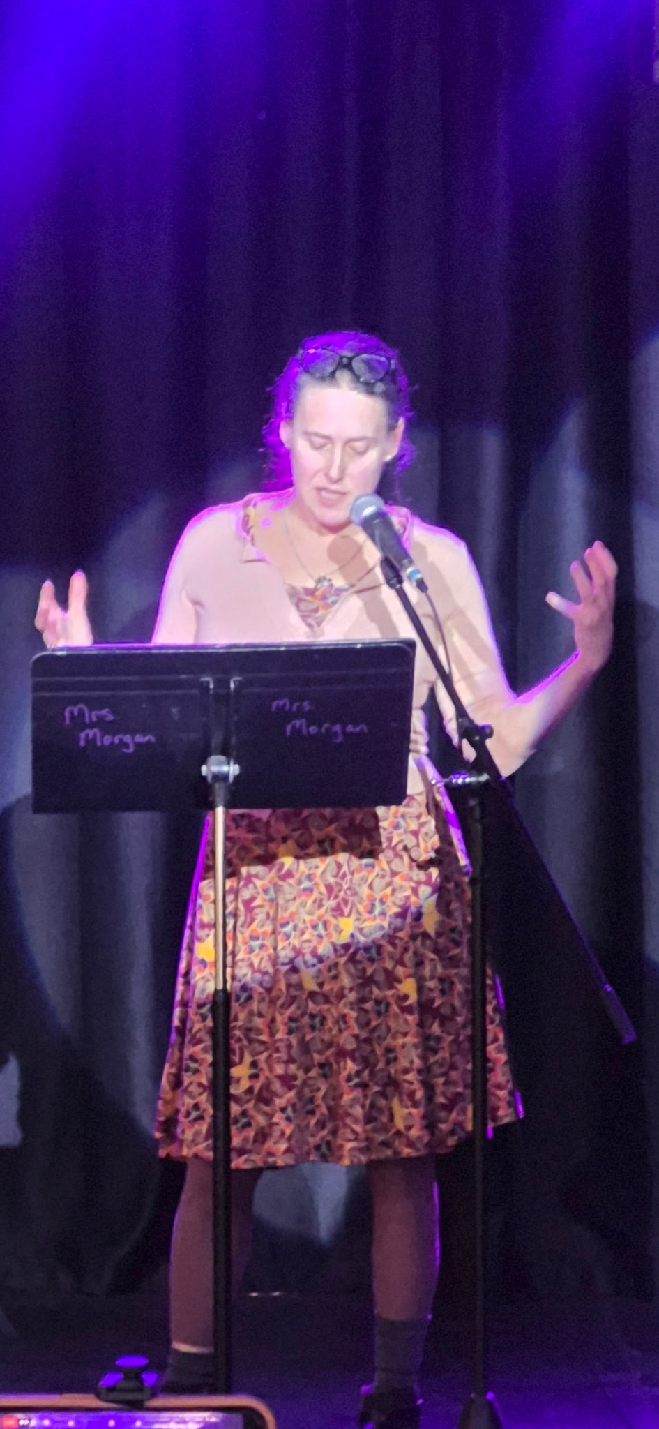 Meadow Jones reading and gesturing at the lectern during the Remaking Democracy book launch, exhibit, and performance at the Urbana-Champaign Independent Media Center on April 12, 2026.